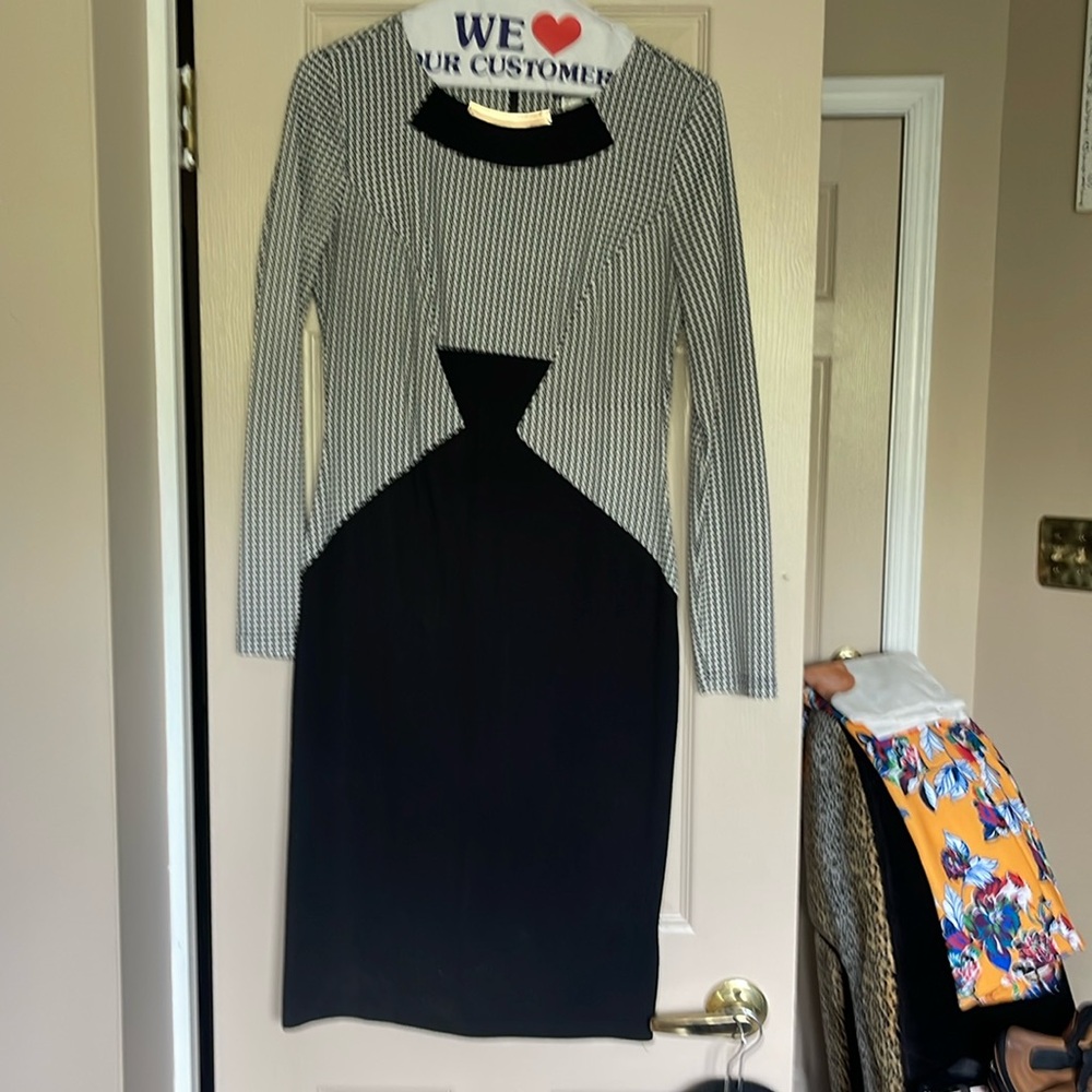 Houndstooth print and solid black dress.  Fitted when on